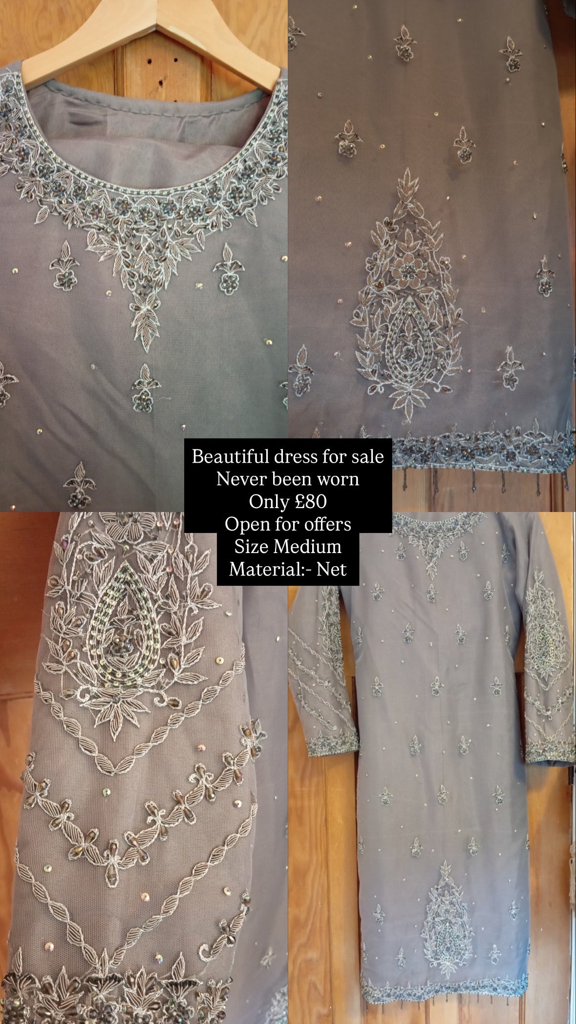 Elegant Grey Embroidered Net Suit