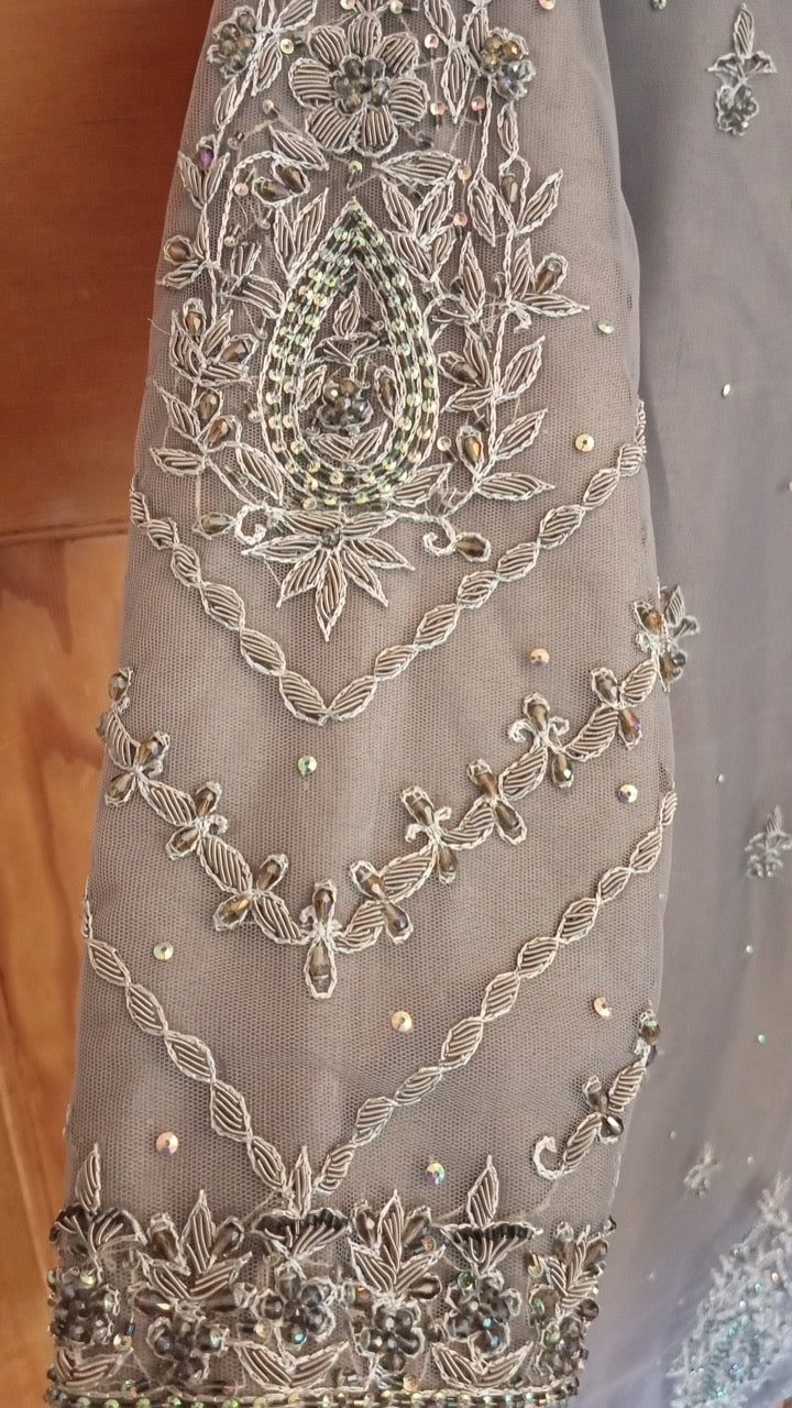 Elegant Grey Embroidered Net Suit
