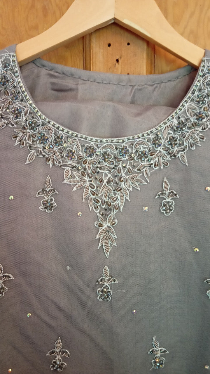 Elegant Grey Embroidered Net Suit