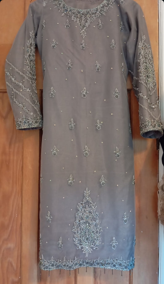 Elegant Grey Embroidered Net Suit