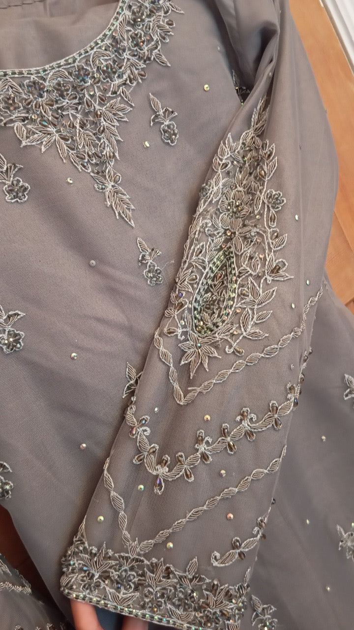 Elegant Grey Embroidered Net Suit